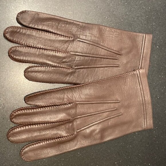 SLEEK BROWN LEATHER VINTAGE GLOVES SIZE 7 2/3 IN SIZE LARGE LOVELY SOFT LINING - Picture 5 of 6